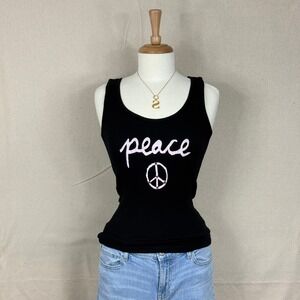 Y2K Womens Peace Graphic Ribbed Tank Top Black Cotton Made in USA Medium